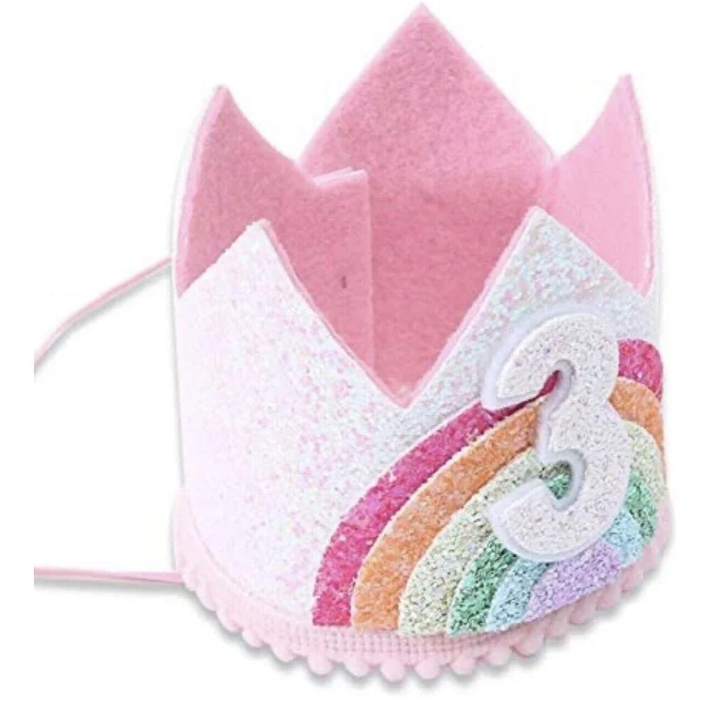 Toddler Girl 3rd Birthday Felt Rainbow Glitter Crown Princess Unicorn Party NEW